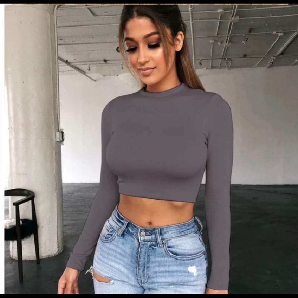 Long Sleeve Crop Top Color Gray